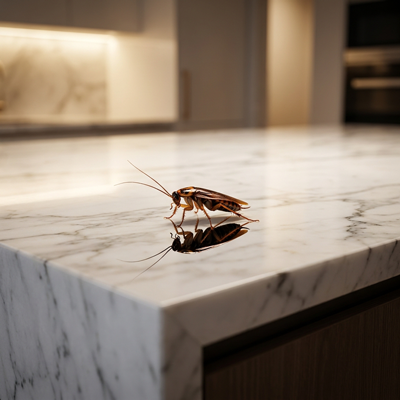 Cockroach crawling on a white marble kitchen counter, its reflection visible on the surface.